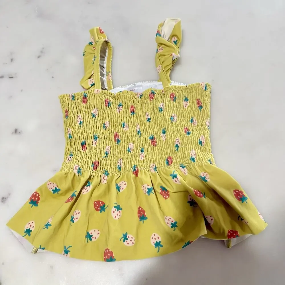 Hanna Andersson Sunblock Swim Top Yellow Smocked Strawberries Girls Size 8 130cm